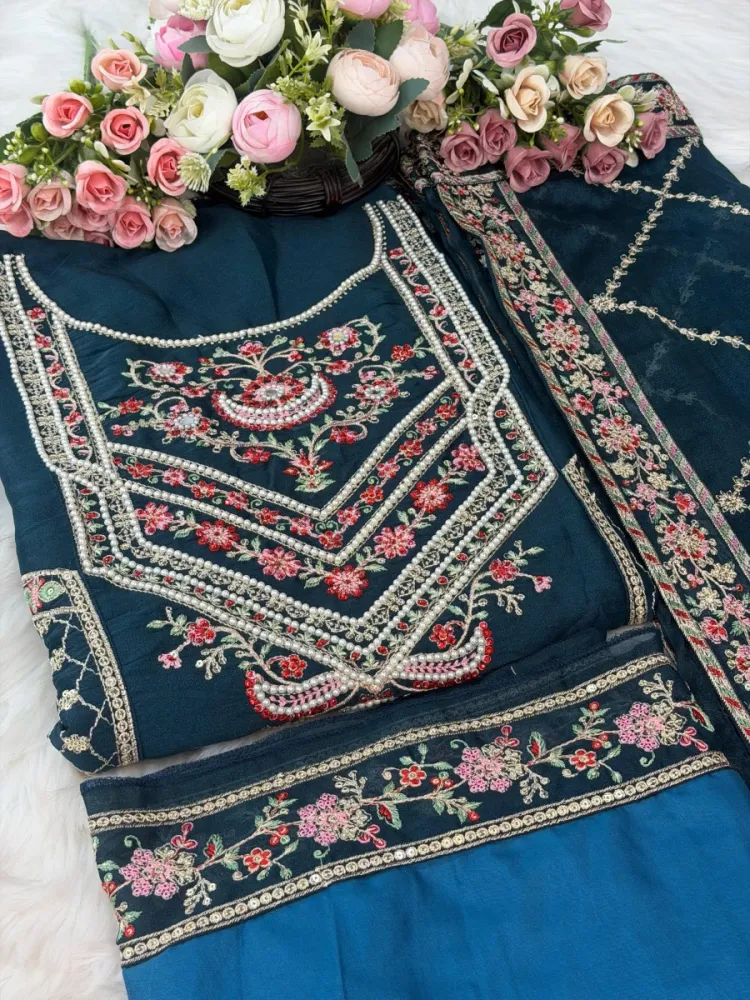 Teal Blue Embroidered Georgette Unstitched Salwar Suit