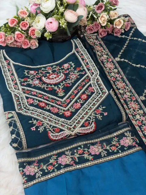 Teal Blue Embroidered Georgette Unstitched Salwar Suit