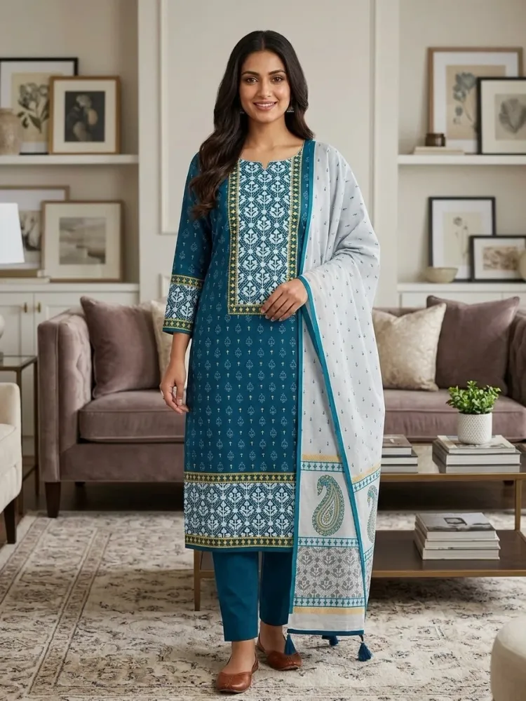 Teal Blue & White Cotton Block Print 3-Piece Salwar Kameez