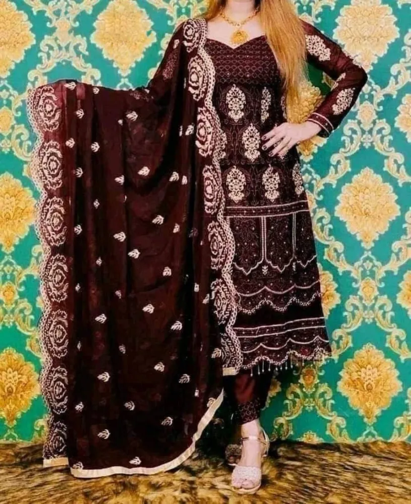 Chocolate Brown Embroidered Georgette Semi-Stitched Salwar Suit