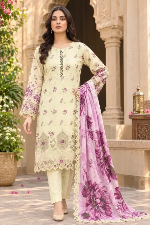 Cream & Purple Soft Cotton Digital Print Embroidered & Sequin Work 3-Piece Salwar Kameez