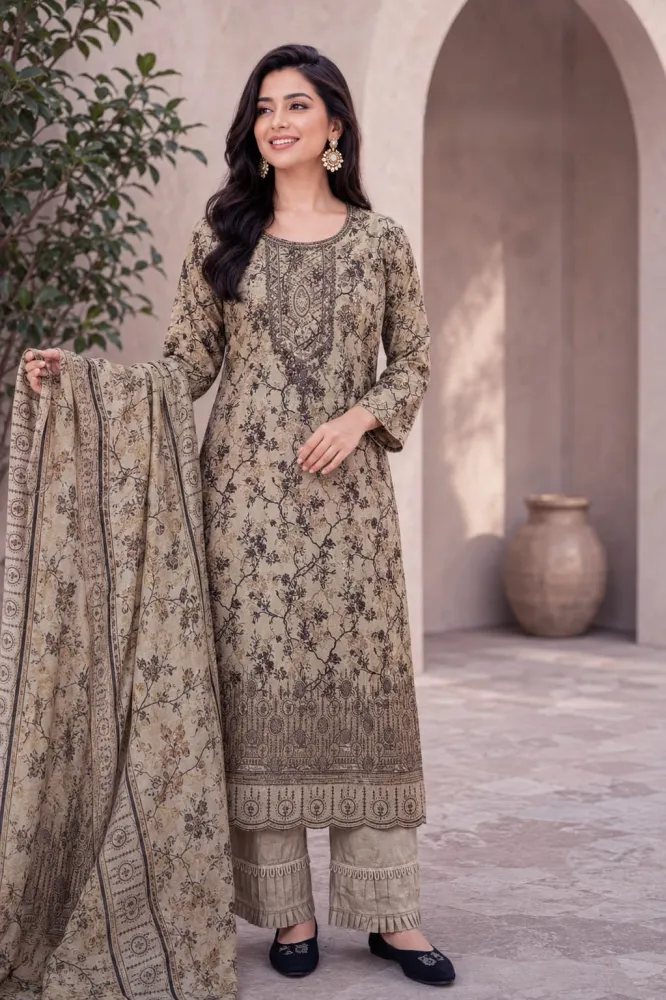 Khaki Beige Soft Cotton Digital Print Embroidered & Sequin Work 3-Piece Salwar Kameez