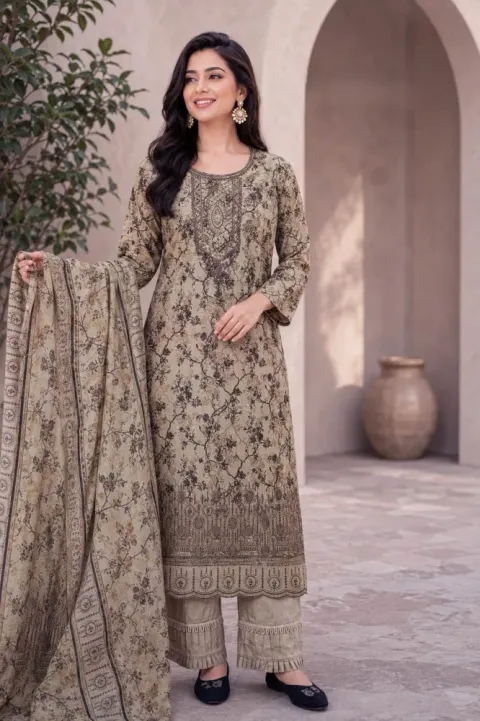Khaki Beige Soft Cotton Digital Print Embroidered & Sequin Work 3-Piece Salwar Kameez
