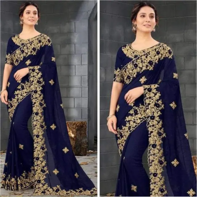 Navy Blue & Gold Embroidered Georgette Saree