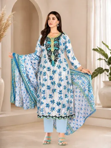 Sky Blue & White Soft Cotton Digital Print Embroidered 3-Piece Salwar Kameez