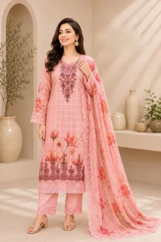 Peach Pink Soft Cotton Digital Print Embroidered 3-Piece Salwar Kameez