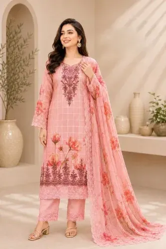 Peach Pink Soft Cotton Digital Print Embroidered 3-Piece Salwar Kameez