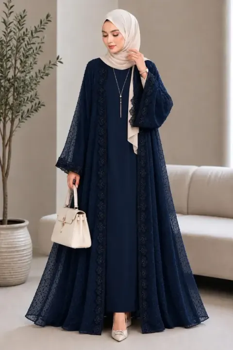 Navy Blue Premium Designer Two-Layer Abaya | Gota Georgette & Saffron Silk