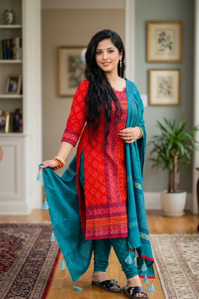 Red & Teal Cotton Block Print 3-Piece Salwar Kameez