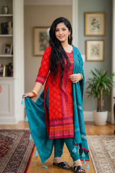 Red & Teal Cotton Block Print 3-Piece Salwar Kameez
