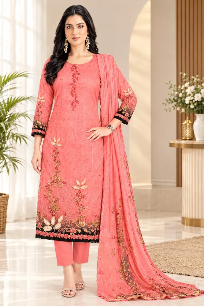Coral Red Soft Cotton Digital Print Embroidered & Sequin Work 3-Piece Salwar Kameez