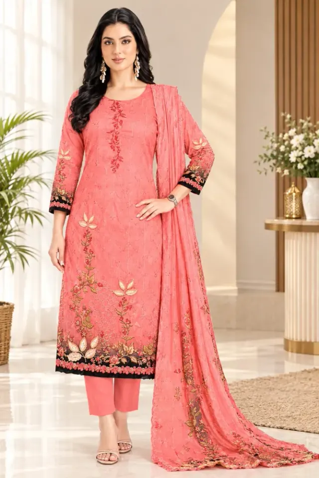 Coral Red Soft Cotton Digital Print Embroidered & Sequin Work 3-Piece Salwar Kameez