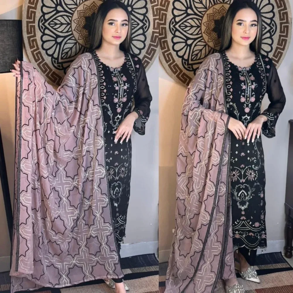 Black Georgette Semi Stitched Salwar Suit - Shopemart 1