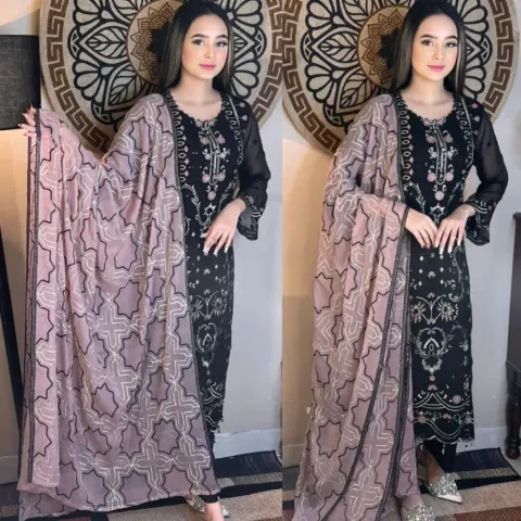 Black Georgette Semi Stitched Salwar Suit - Shopemart 1