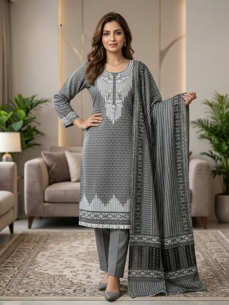 Grey Soft Cotton Digital Print Embroidered & Sequin Work 3-Piece Salwar Kameez