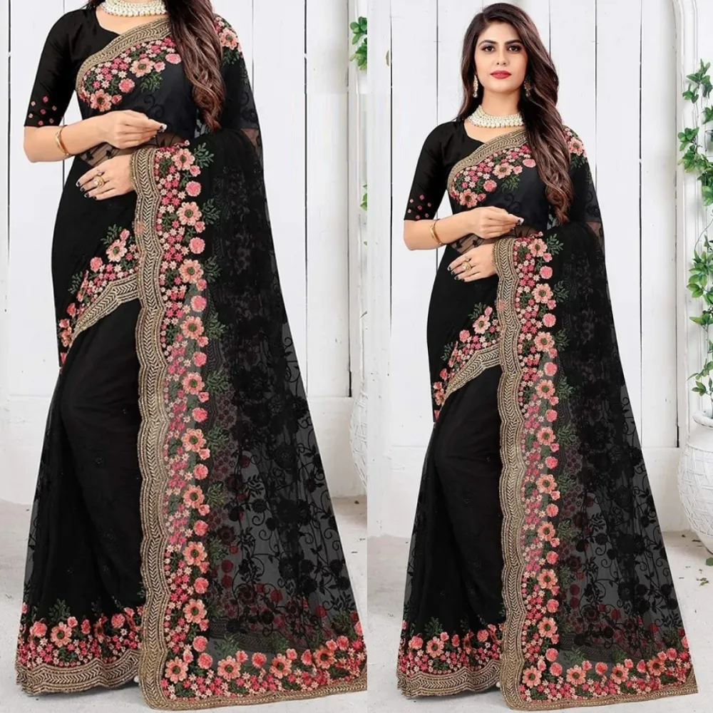 Georgette Embroidered Saree for Women S-4032 Bk
