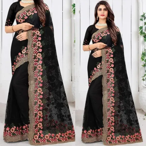 Georgette Embroidered Saree for Women S-4032 Bk