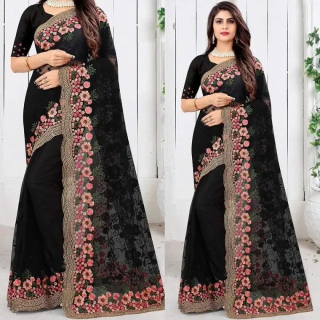 Georgette Embroidered Saree for Women S-4032 Bk