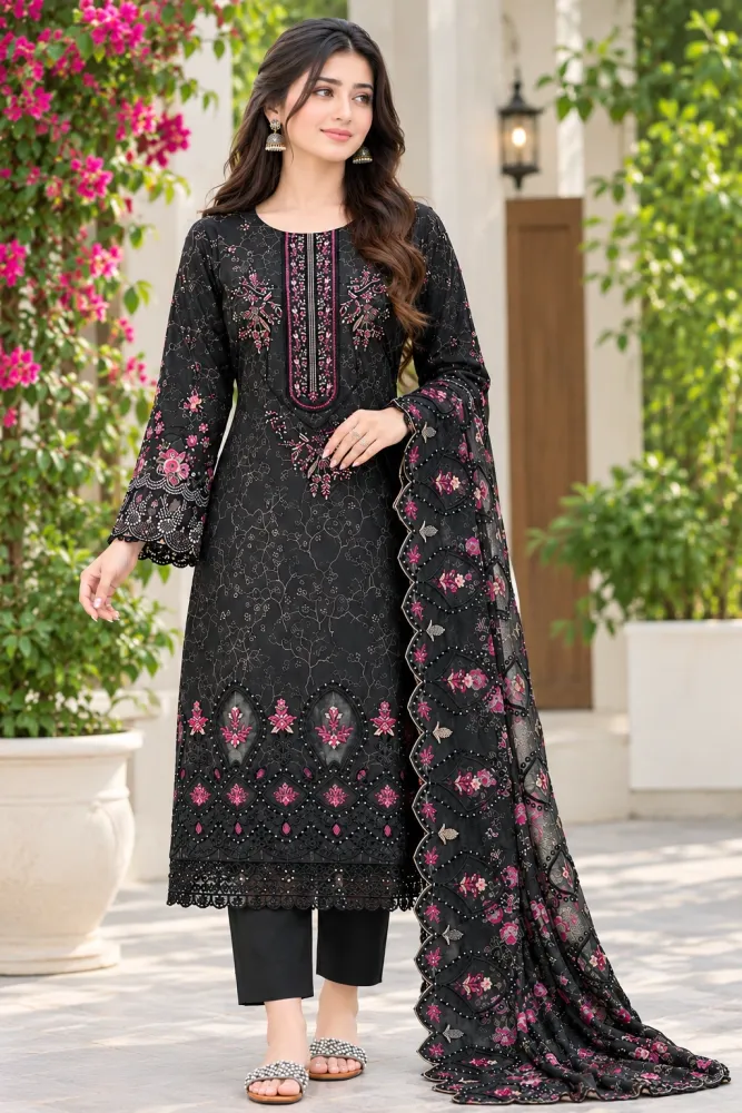 Black Soft Cotton Digital Print Embroidered 3-Piece Salwar Kameez