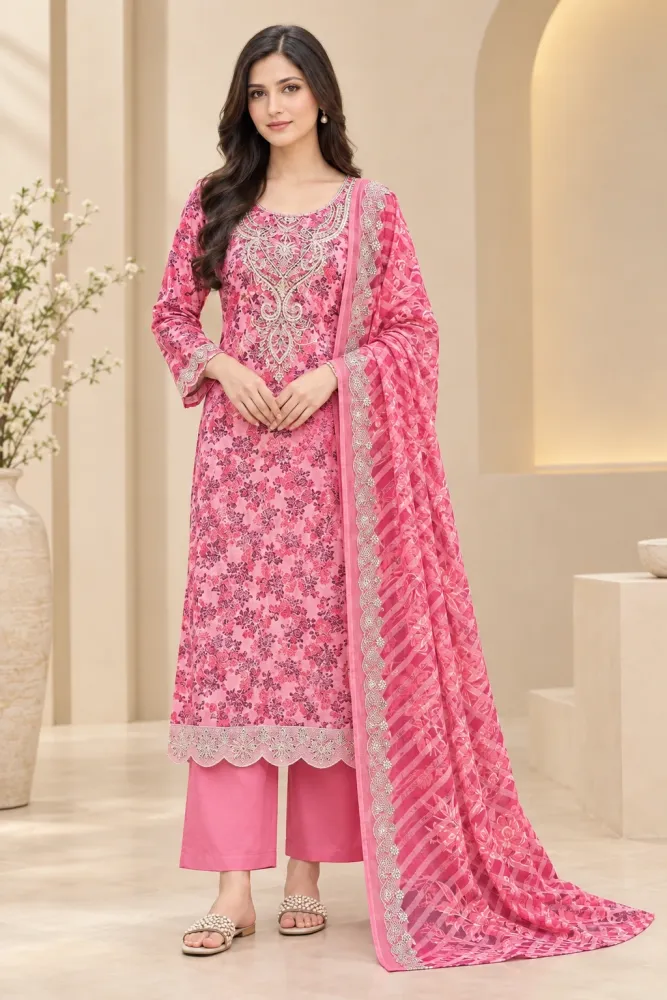 Hot Pink Soft Cotton Digital Print Embroidered 3-Piece Salwar Kameez