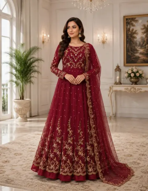 Maroon Embroidered Anarkali Gown