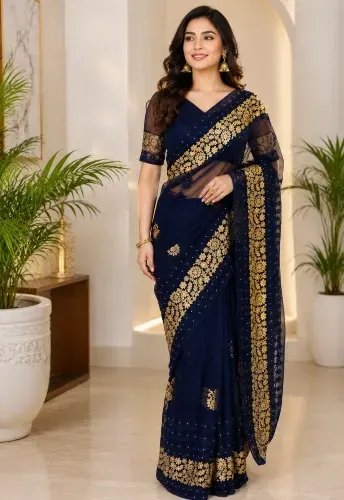 Luxury Designer Georgette Saree with Embroidery & Golden Zari Work - Shopemart
