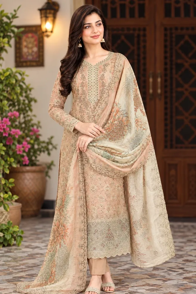 Beige Soft Cotton Digital Print Embroidered 3-Piece Salwar Kameez