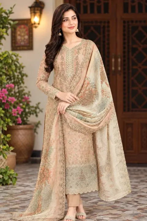 Beige Soft Cotton Digital Print Embroidered 3-Piece Salwar Kameez