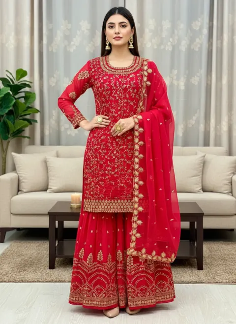Red Embroidered Georgette Sharara Suit Set for Women