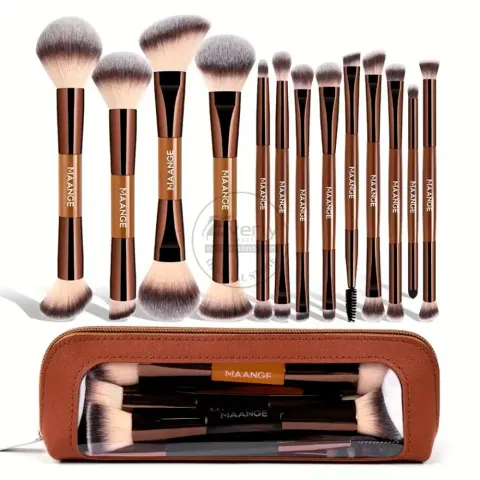 MAANGE 13pcs Dual-Ended Professional Makeup Brush Set with Storage Pouch - Brown — Technic