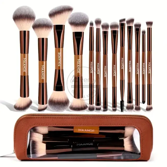 MAANGE 13pcs Dual-Ended Professional Makeup Brush Set with Storage Pouch - Brown — Technic