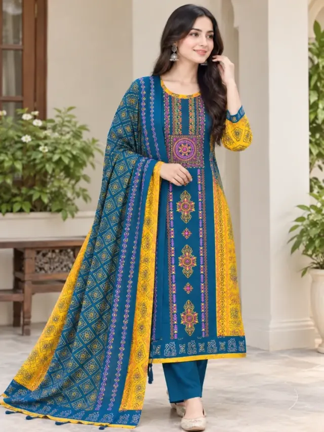 Teal & Yellow Cotton Block Print Ready-Made 3-Piece Salwar Kameez