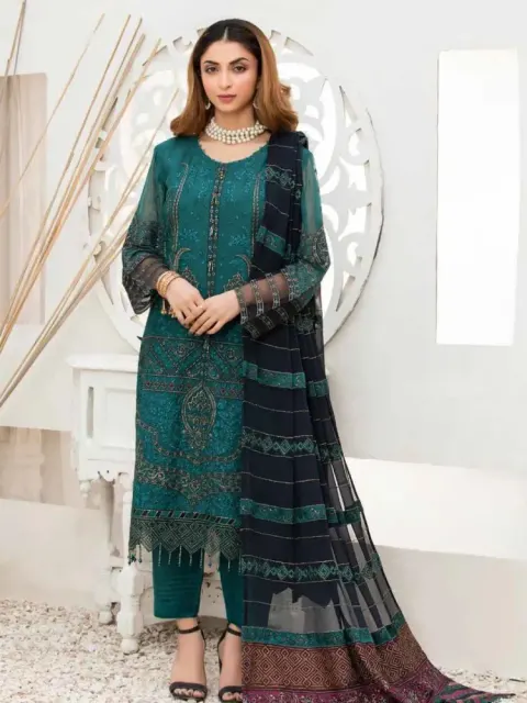 Pakistani Fepic Unstitched Luxury Chiffon Three Piece - Dark Aqua - Shopemart 1