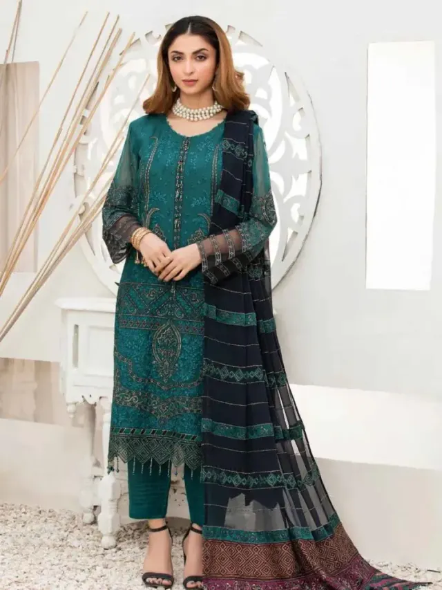 Pakistani Fepic Unstitched Luxury Chiffon Three Piece - Dark Aqua - Shopemart 1