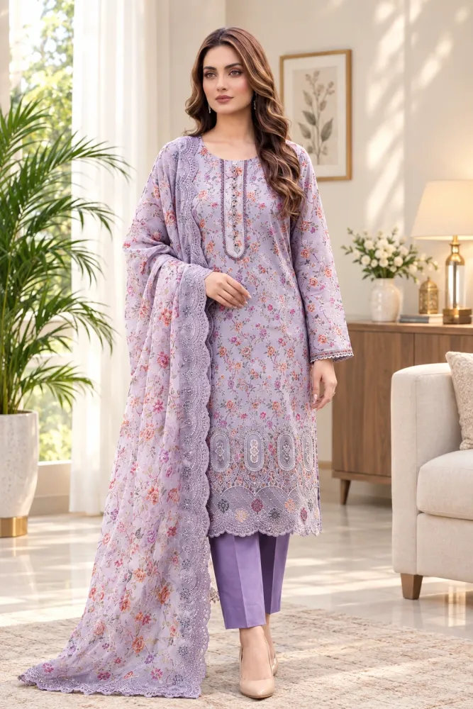 Lavender Soft Cotton Digital Print Embroidered & Sequin Work 3-Piece Salwar Kameez