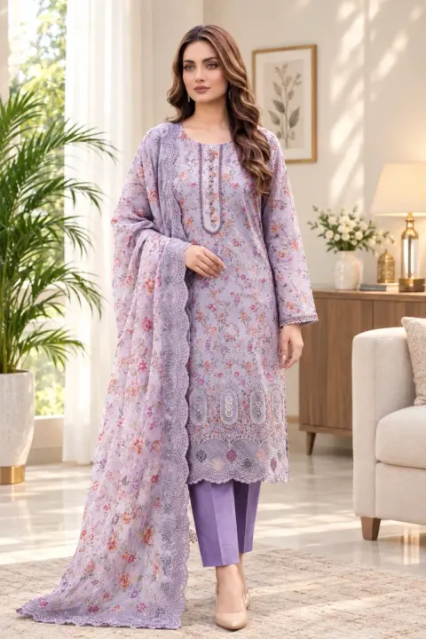 Lavender Soft Cotton Digital Print Embroidered & Sequin Work 3-Piece Salwar Kameez