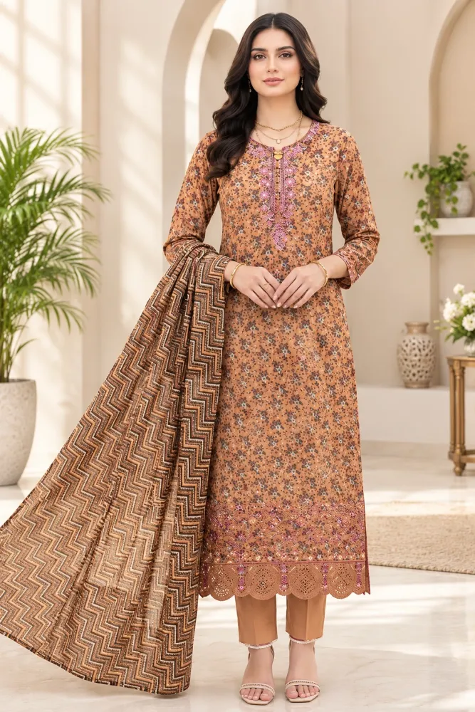 Tan Brown Soft Cotton Digital Print Embroidered & Sequin Work 3-Piece Salwar Kameez