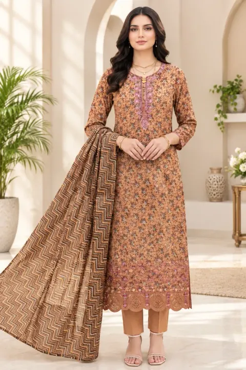 Tan Brown Soft Cotton Digital Print Embroidered & Sequin Work 3-Piece Salwar Kameez