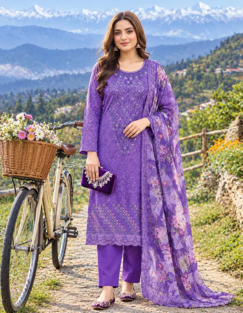 Purple Soft Cotton Digital Print Embroidered 3-Piece Salwar Kameez