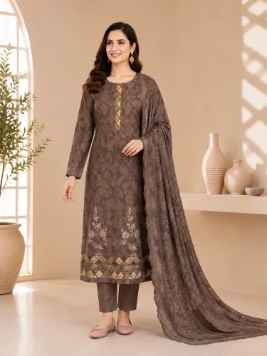 Chocolate Brown Soft Cotton Digital Print Embroidered & Sequin Work 3-Piece Salwar Kameez