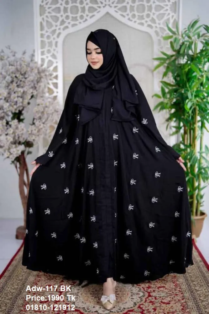 Black Embroidered Flared Abaya Borka