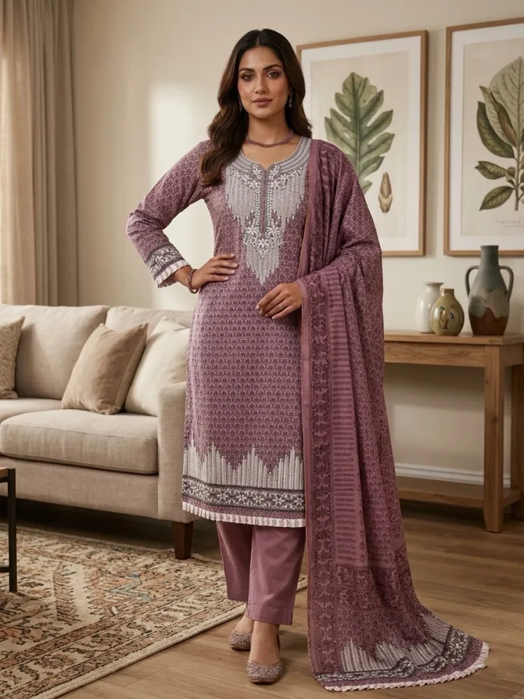 Mauve Purple Soft Cotton Digital Print Embroidered & Sequin Work 3-Piece Salwar Kameez