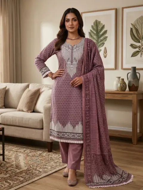 Mauve Purple Soft Cotton Digital Print Embroidered & Sequin Work 3-Piece Salwar Kameez