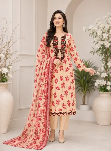 Peach & Red Soft Cotton Digital Print Embroidered 3-Piece Salwar Kameez