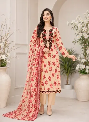 Peach & Red Soft Cotton Digital Print Embroidered 3-Piece Salwar Kameez