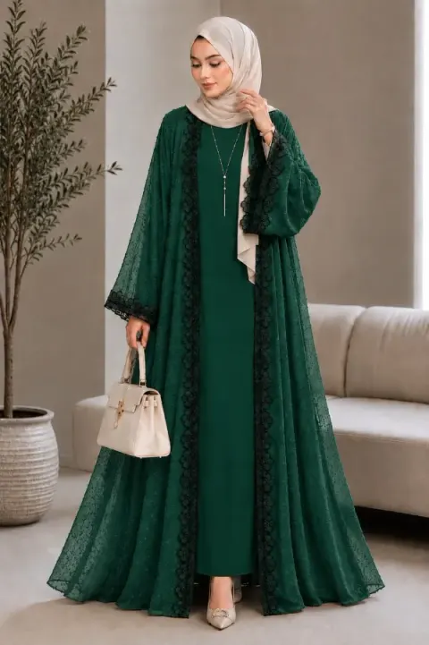 Green Premium Designer Two-Layer Abaya | Gota Georgette & Saffron Silk