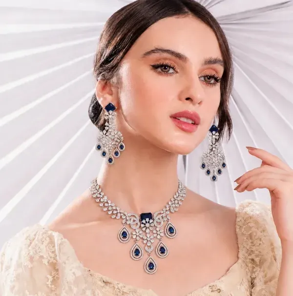 Blue Premium Teardrop Stone Silver-Tone Necklace & Earrings Set