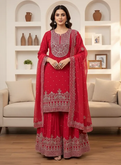 Embroidered Georgette Sharara Suit Set - Shopemart 1