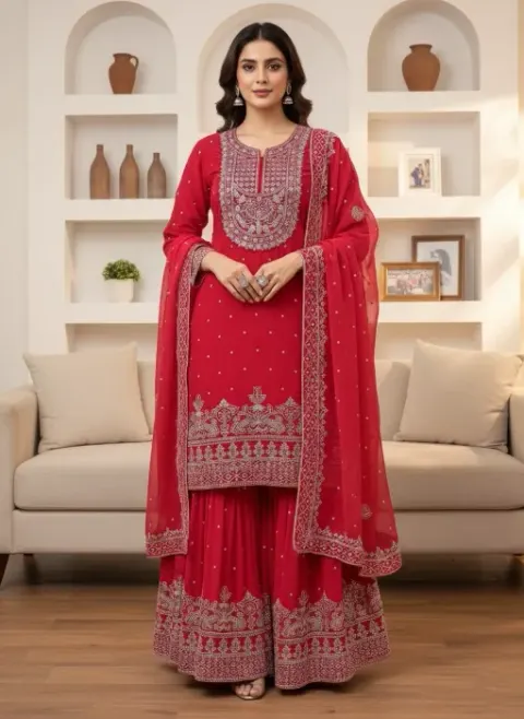 Embroidered Georgette Sharara Suit Set - Shopemart 1