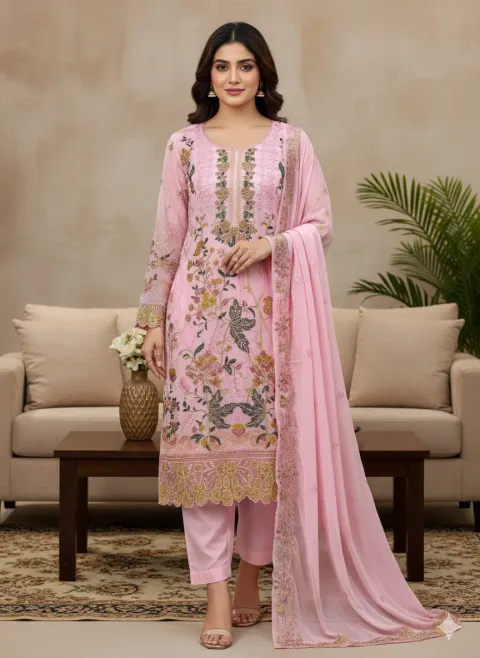 Pink Embroidered Soft Georgette 4-Piece Suit for Women
